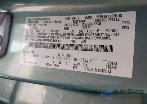 2013 Ford Escape Se z USA, uszkodzony, nr VIN 1FMCU0GX0DUD48542